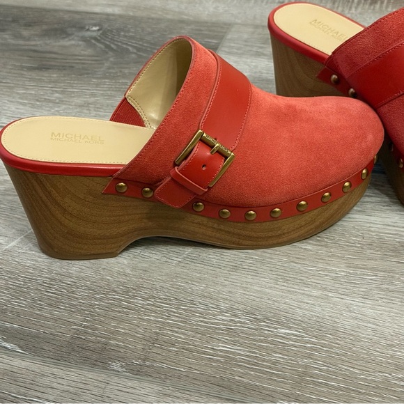MICHAEL KORS Rye Studded Suede Platform Clogs in Tomato Red - Picture 2 of 4